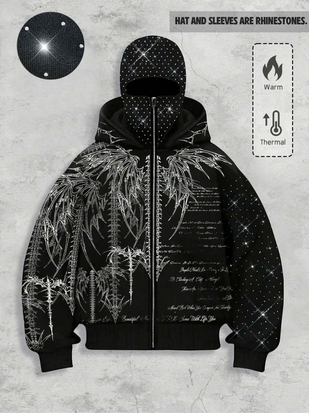 Double Hood Rhinestone Zip Hoodie, Black Fleece