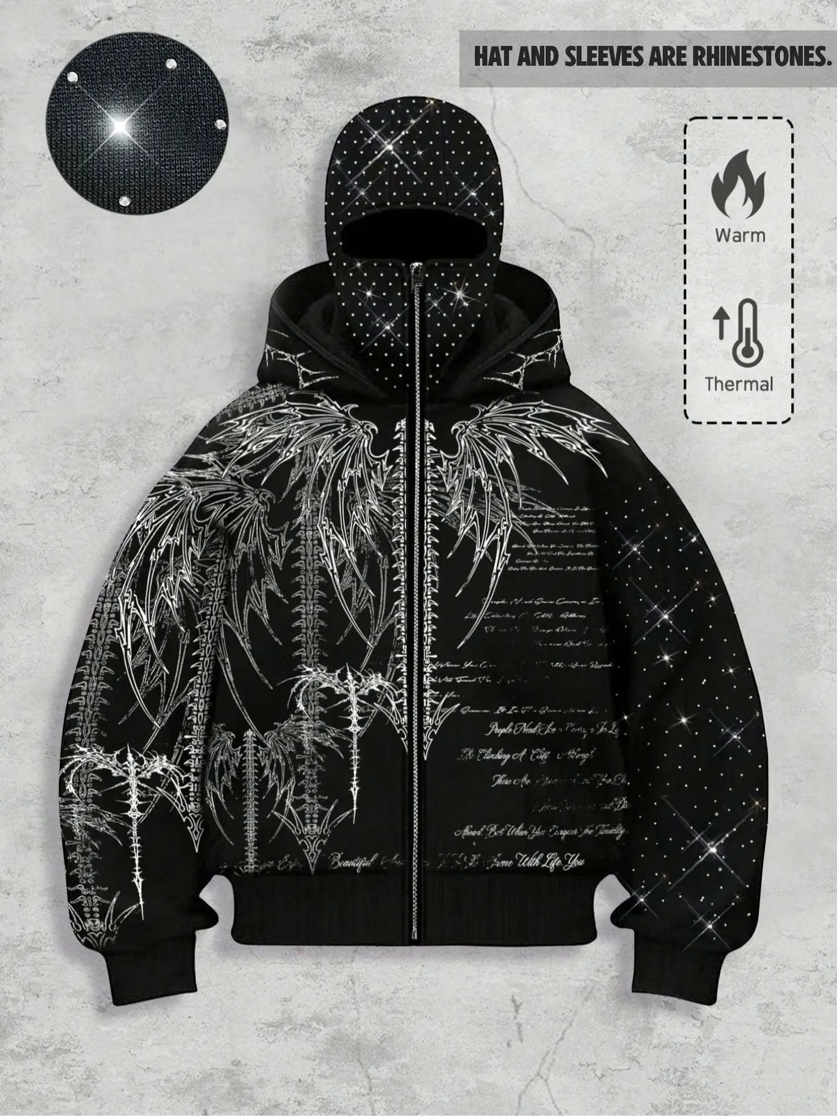 Double Hood Rhinestone Zip Hoodie, Black Fleece
