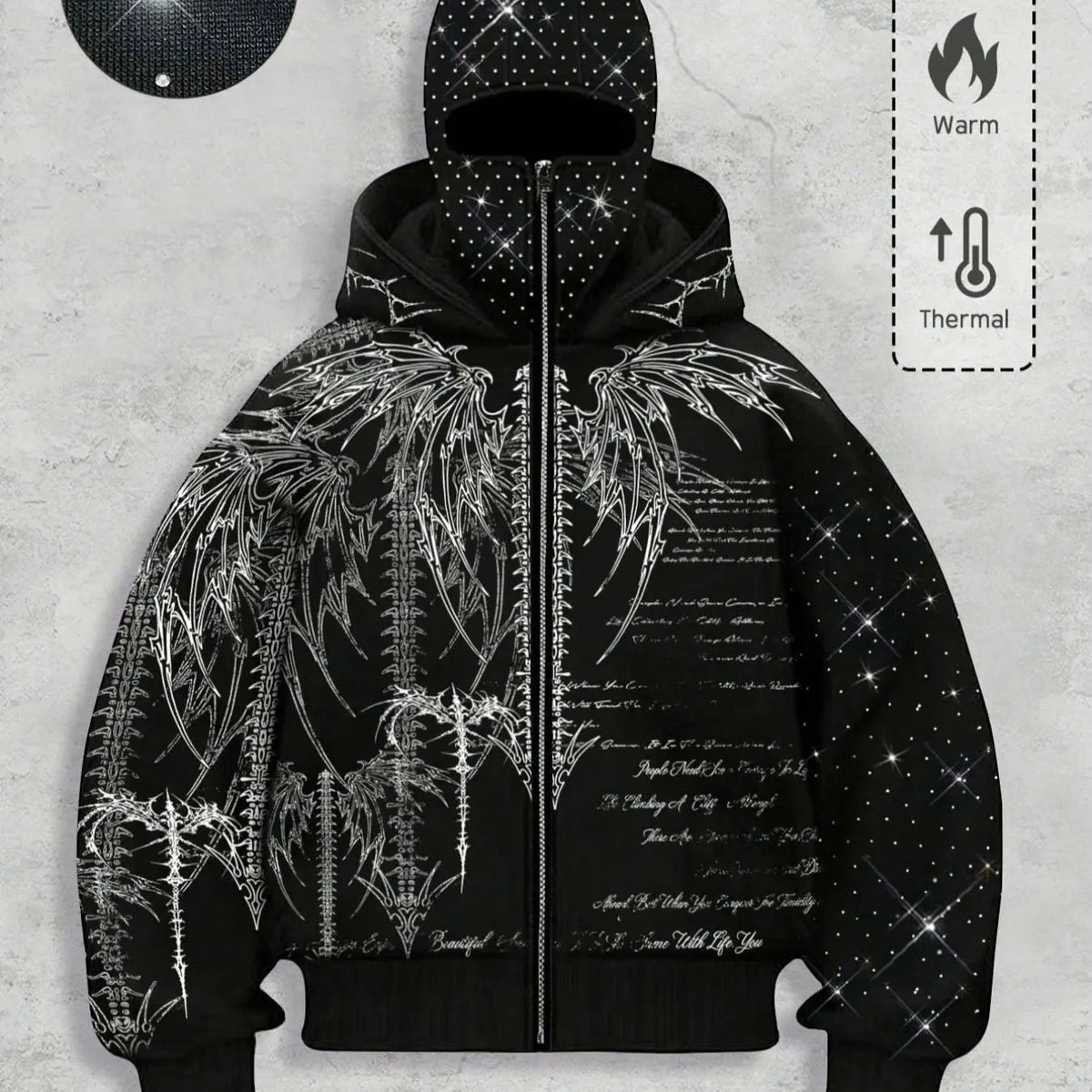 Double Hood Rhinestone Zip Hoodie, Black Fleece