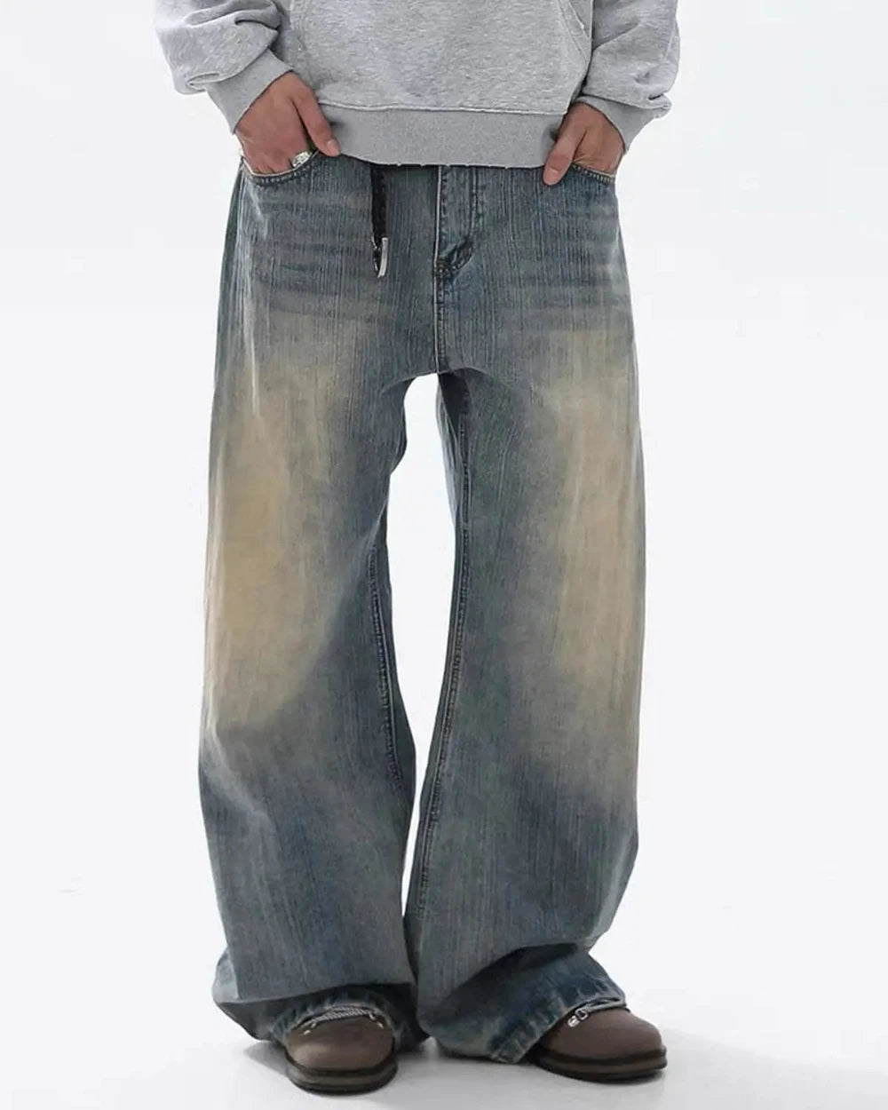 Washed Bamboo Weave Baggy Jeans
