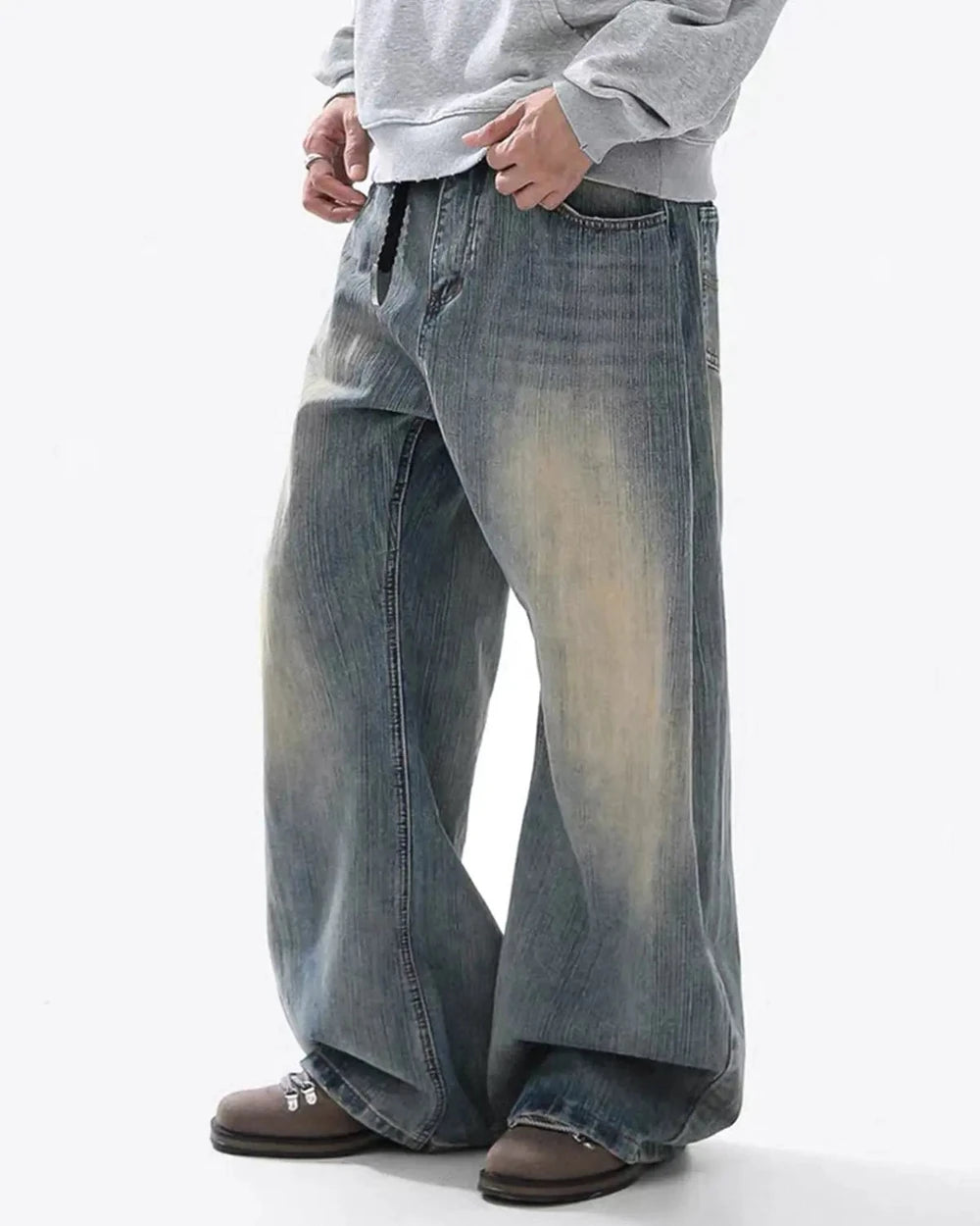 Washed Bamboo Weave Baggy Jeans