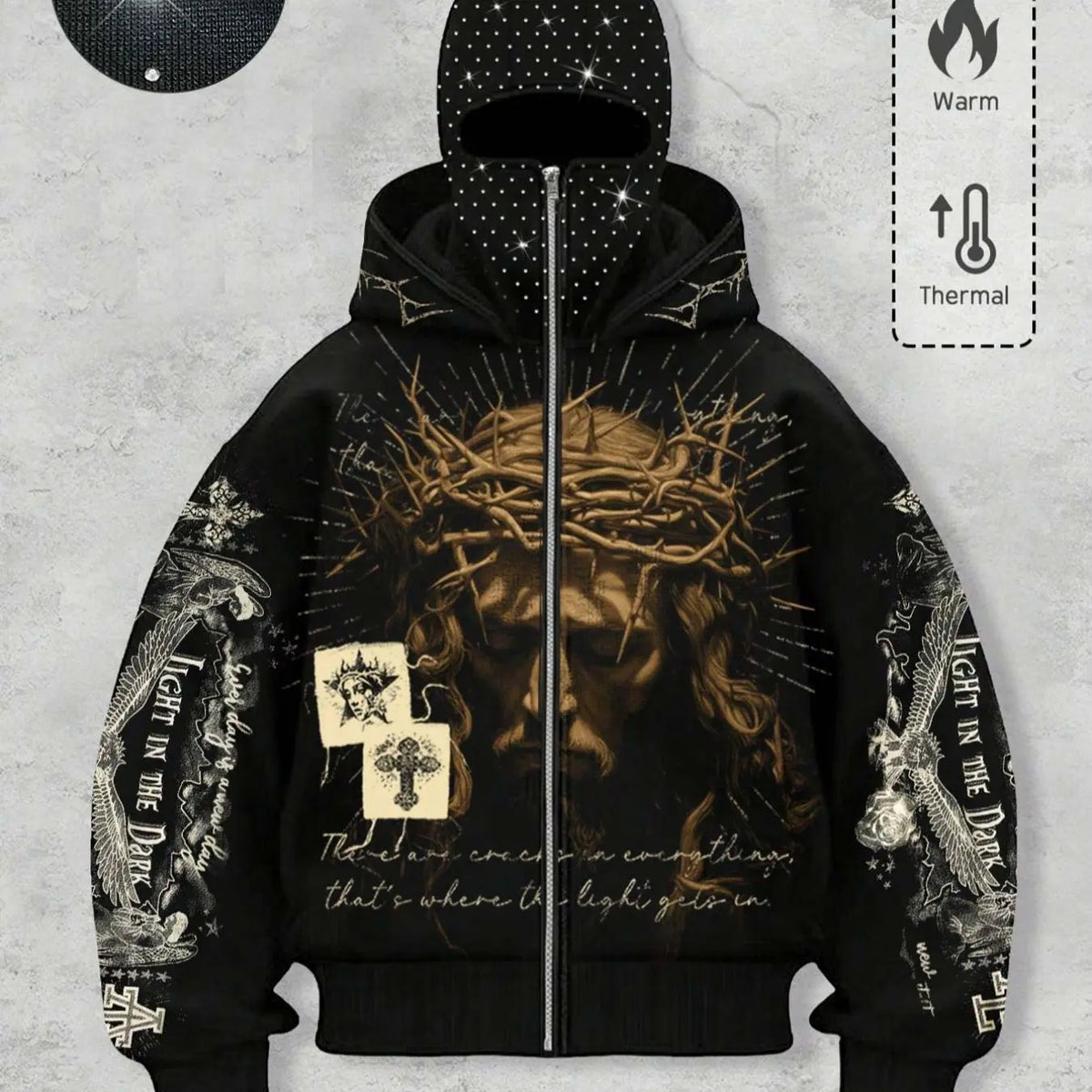 Double Hood Rhinestone Zip Hoodie, Black Fleece
