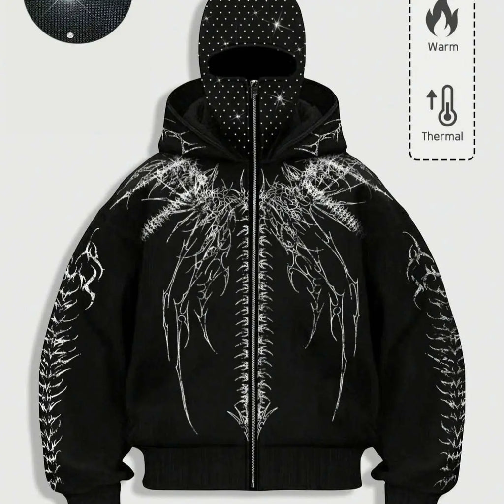 Double Hood Rhinestone Zip Hoodie, Black Fleece