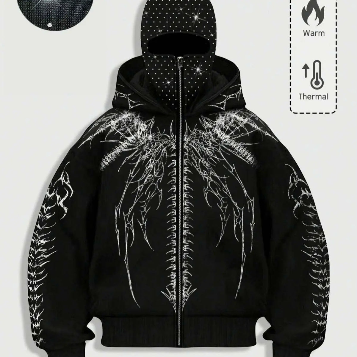 Double Hood Rhinestone Zip Hoodie, Black Fleece
