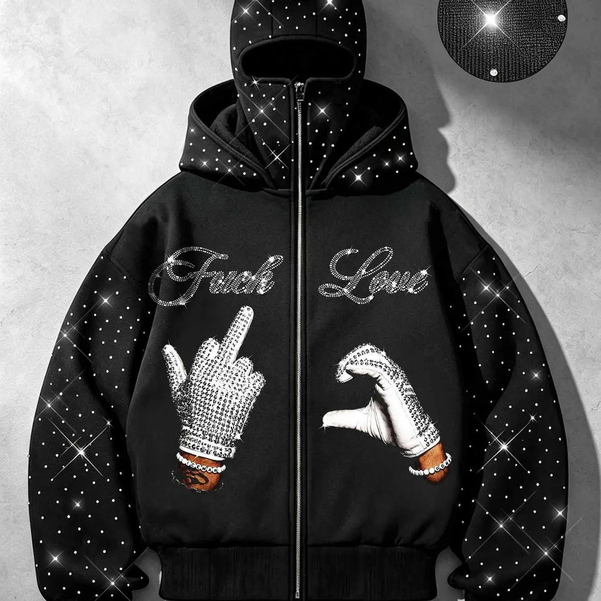 Double Hood Rhinestone Zip Hoodie, Black Fleece