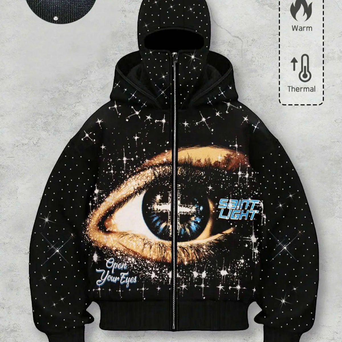 Double Hood Rhinestone Zip Hoodie, Black Fleece