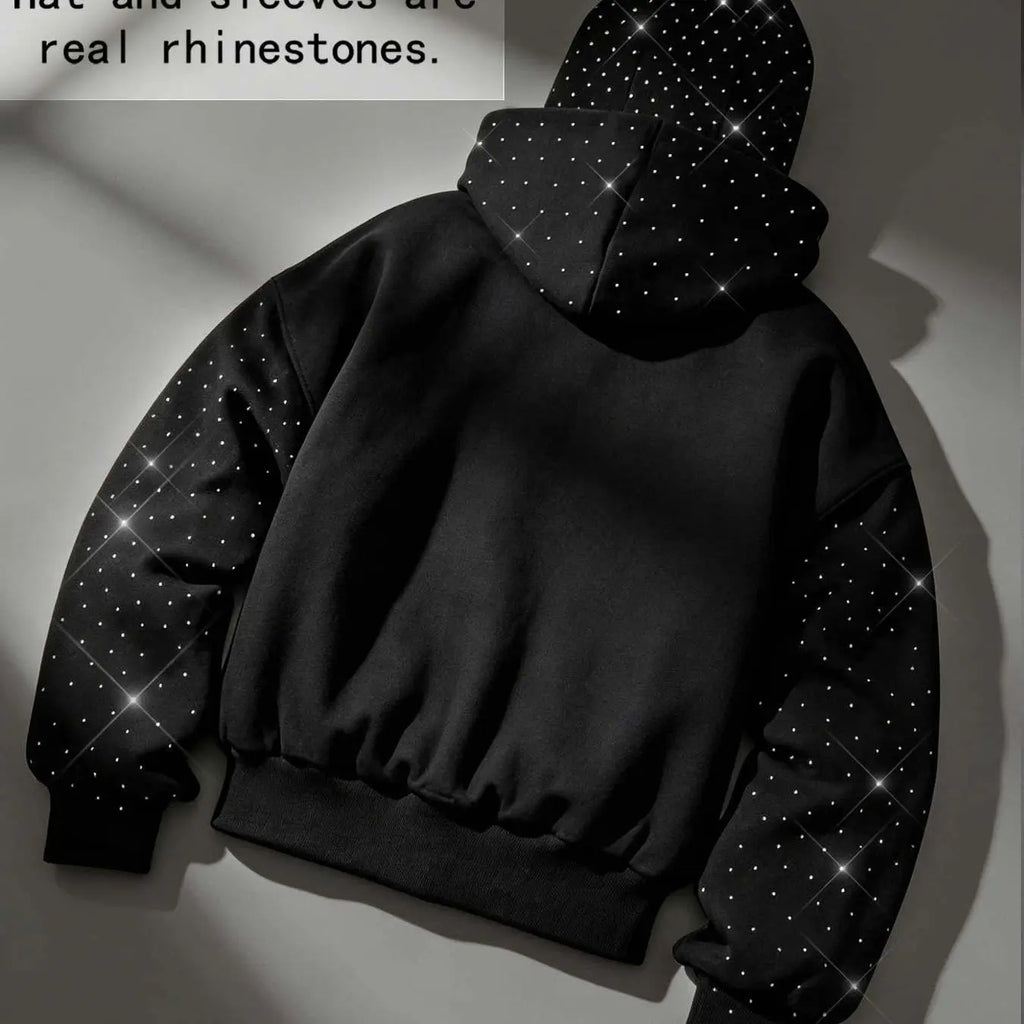 Double Hood Rhinestone Zip Hoodie, Black Fleece