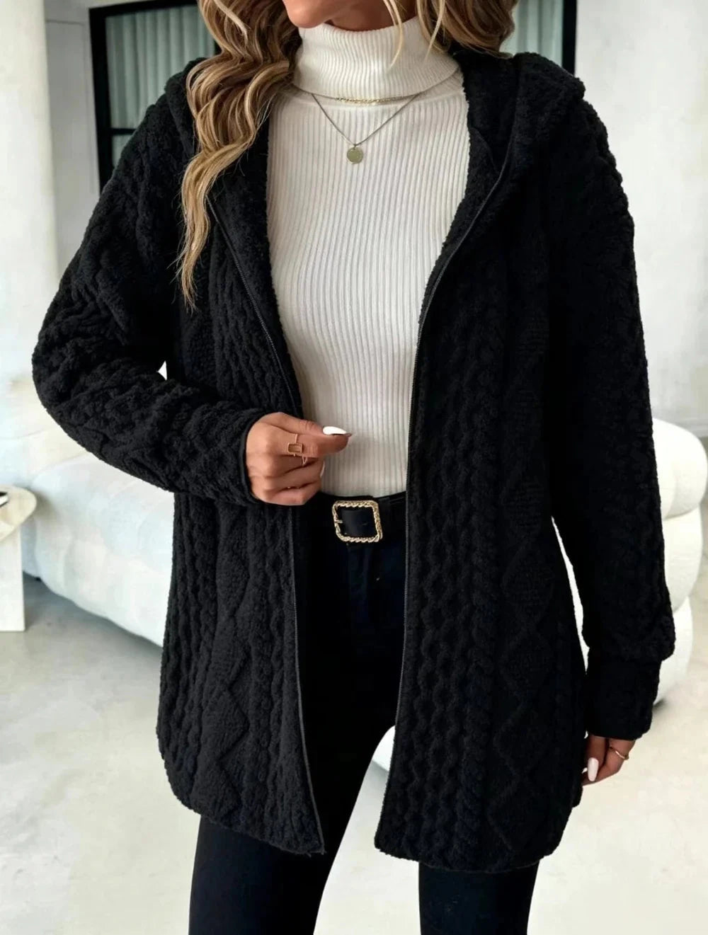 Women's Fuzzy Sherpa Hooded Cardigan, Soft Plush Fleece Open Front Coat