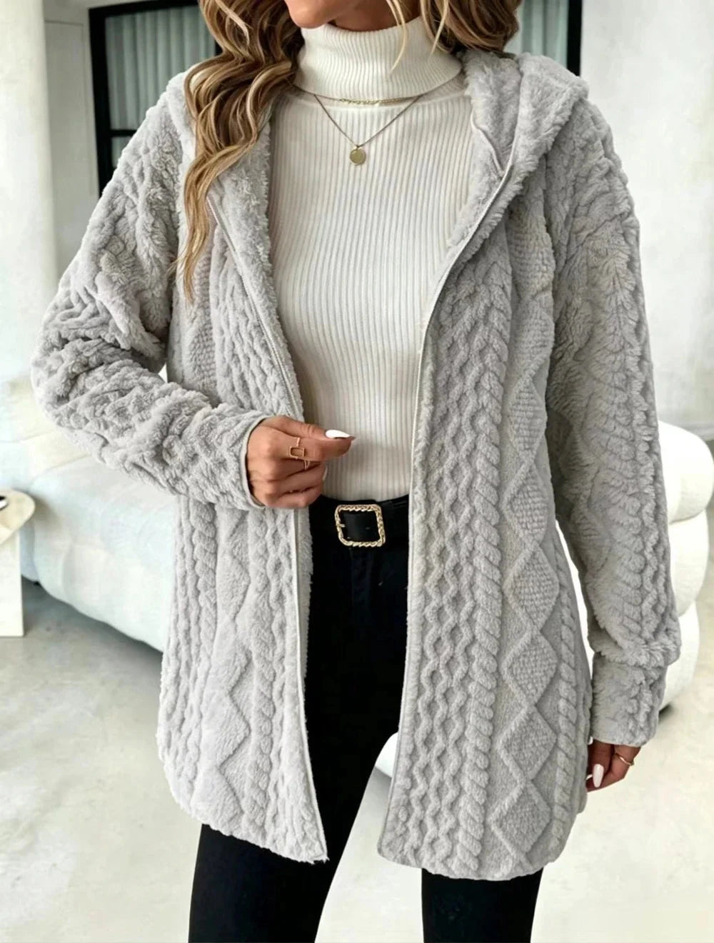 Women's Fuzzy Sherpa Hooded Cardigan, Soft Plush Fleece Open Front Coat