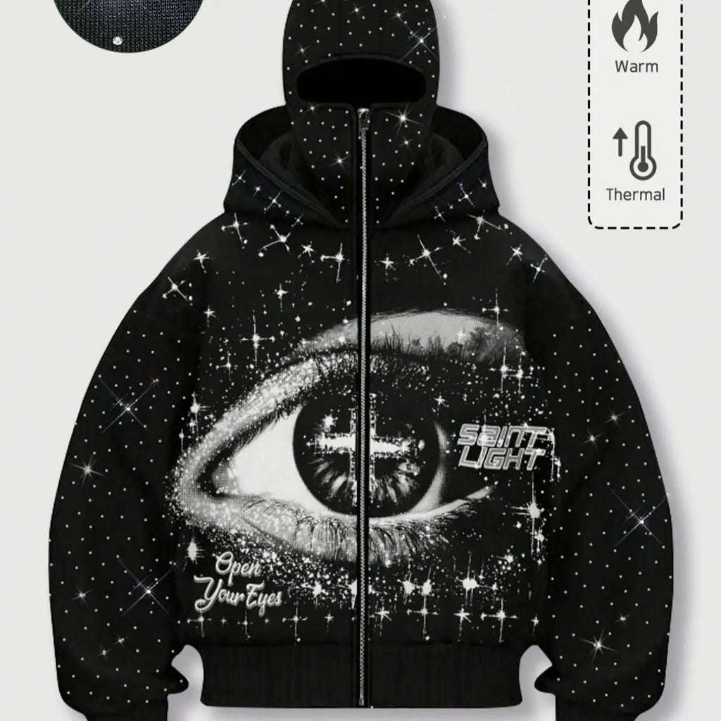 Double Hood Rhinestone Zip Hoodie, Black Fleece